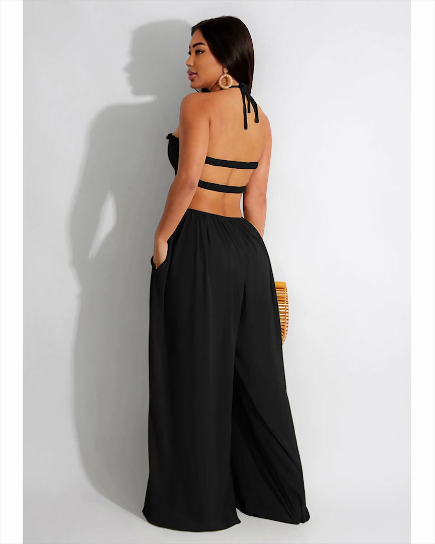 Smocked Halter Top Wide Leg Jumpsuit