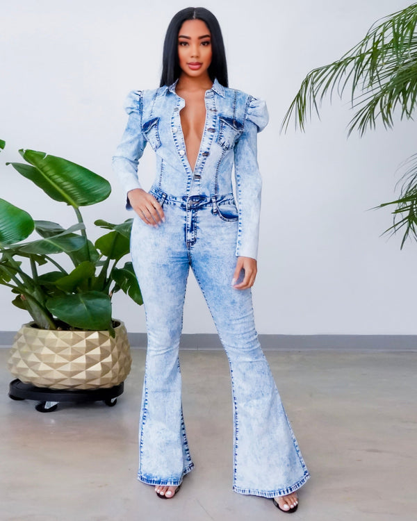 Deja Denim Puff Flared Jumpsuit