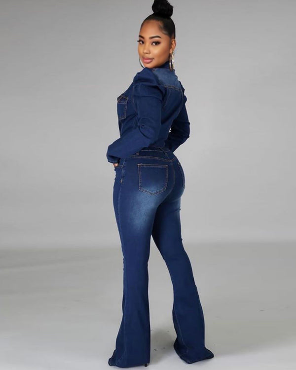 Deja Denim Puff Flared Jumpsuit