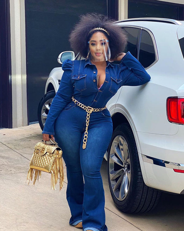 Deja Denim Puff Flared Jumpsuit