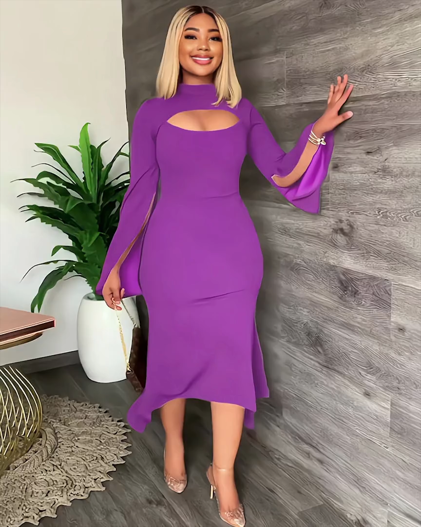 Slim Slit Hollow Ruffle Dress