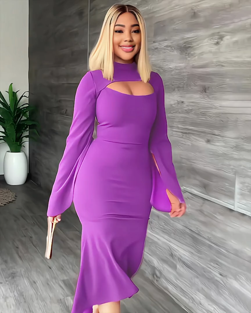 Slim Slit Hollow Ruffle Dress