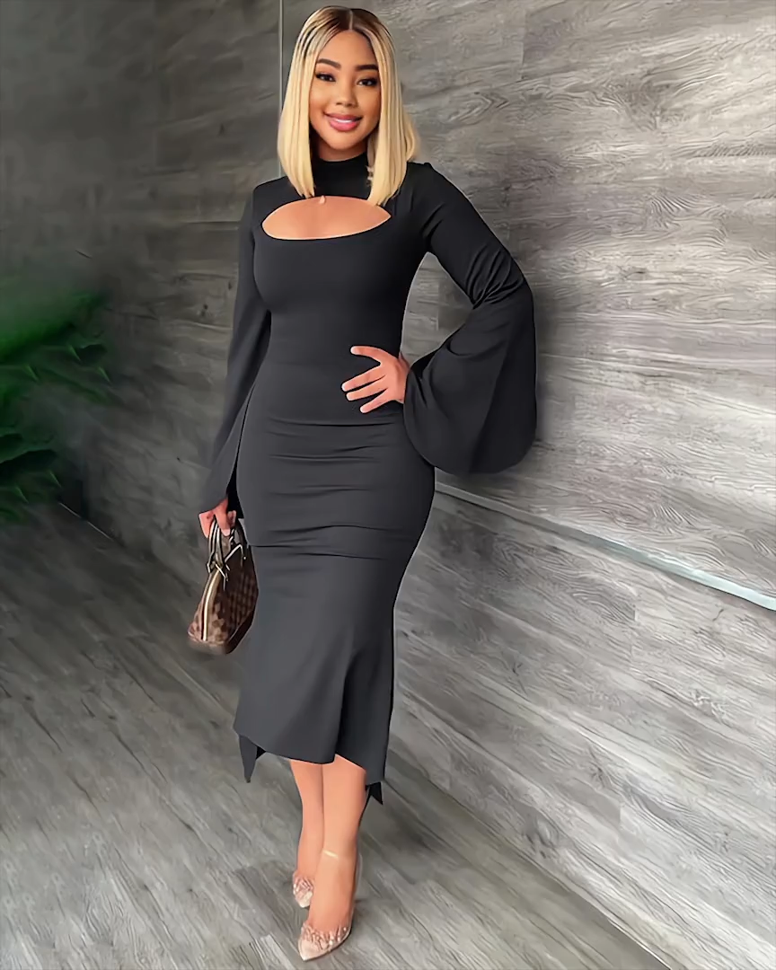 Slim Slit Hollow Ruffle Dress