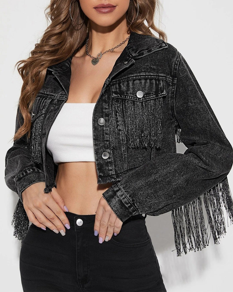 Mariah Crystal Fringe Denim Jacket