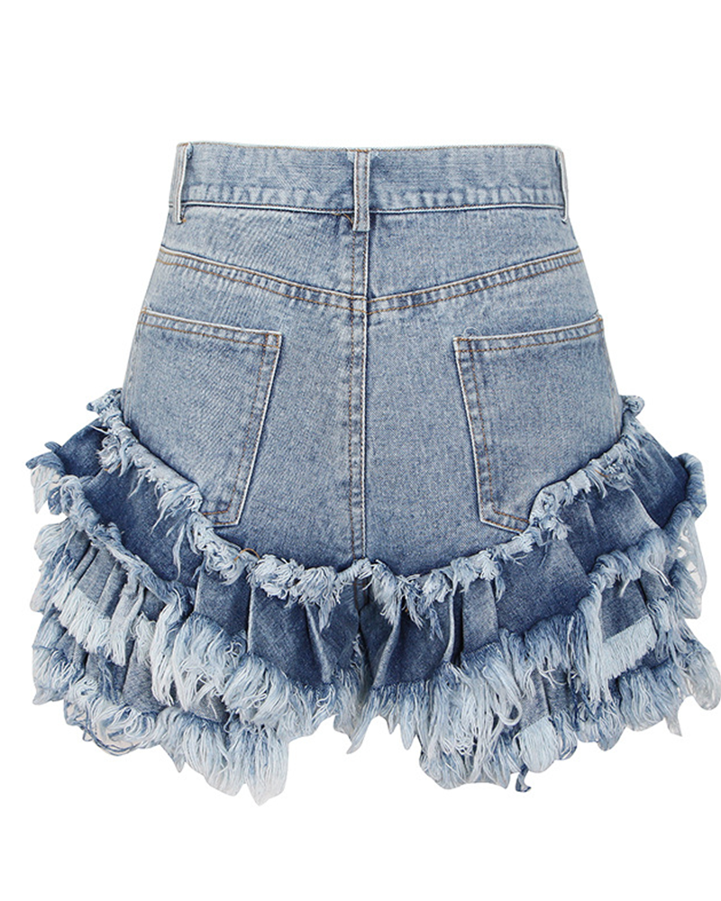 High Rise Denim Ruffle Shorts