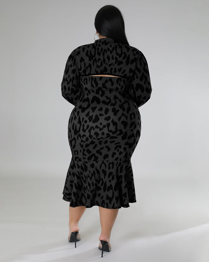 Slim Stand Collar Ruffle Dress Set
